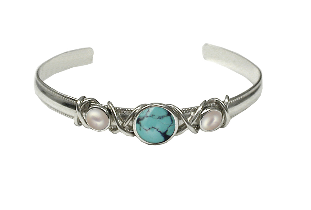 Sterling Silver Hand Made Cuff Bracelet With Chinese Turquoise And Cultured Freshwater Pearl